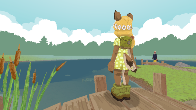 Another ingame screenshot, but showing the full character standing on a bridge, from behind.