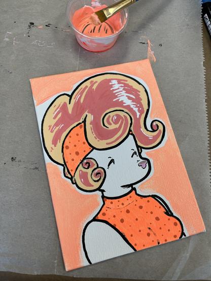 small painting i made of a cartoon dog with a big, swirly orange & pink up-do. they're wearing a neon orange sleeveless mock turtleneck top with dark orange polka dots with a headband to match.