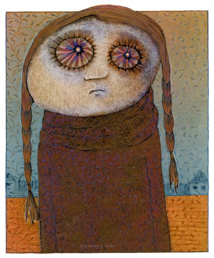 A line drawing of a strange-looking young girl. Dressed in somber umber, with purple vine patterns, she stands staring out at the view with multicolored pinwheel eyes, appearing rather desperate and lonely. Her skimpy braided hair hangs limply on either side of her forlorn face.