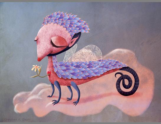 Four legs gently grip a soft cloud. It's long pink body is adorned with subtle patterns of flowering shapes and its translucent scales glow periwinkle blue. Gossamer wings unfold. With closed eyes, the shy creature smiles sweetly, while its heart blooms with an actual flower.
