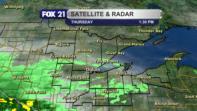 The satellite and radar over the Northland at 1:30 p.m. on Thursday, June 12, 2025, shows increasing cloud cover from southwest to northeast.  Rain is being observed to the southwest of the region, with any returns over the Northland being virga or false echoes due to the radar source coming from the Twin Cities.  As of this viewing, the radar in Duluth is undergoing maintenance.