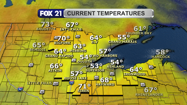 Temperatures in the Northland just after 1 p.m. on June 12, 2025, range from 53 to 71 degrees Fahrenheit.  The coolest readings in the 50s are being observed in the Twin Ports, North Shore, and South Shore regions.
