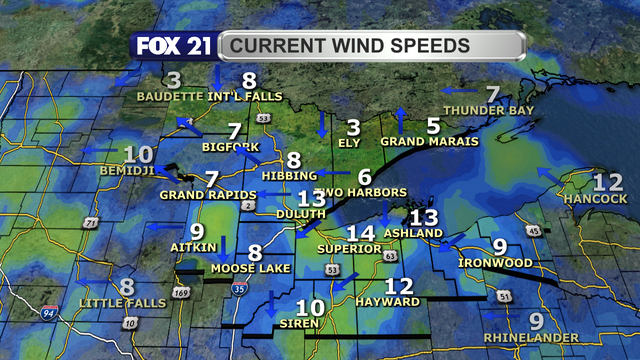 Wind speeds across the Northland just after 1 p.m. on June 12, 2025, range from 3 to 14 mph.  Wind direction is primarily from the northeast and north.
