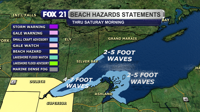 A Small Craft Advisory is in effect for most of the shoreline locations along Lake Superior in the Northland from now through the morning hours of Saturday, June 14, 2025.  Waves will range from 2 to 5 feet along the North Shore and Bayfield Peninsula regions, to 4 to 7 feet around the Twin Ports region.  A Beach Hazard Statement is also in effect for the Twin Ports region through Thursday, June 12, 2025, for possible rip currents.