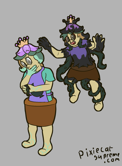 A humanoid flower person looking at a dark vine with black on it that they are holding in their hand. They are rubbing their chin with their other hand. They are wearing a little crown, black glasses a tael shirt with a purple apron and they are wearing a flowerpot as pants. Behind them is a similar looking character, but looking corrupted jumping at them. Their glasses are broken and they have a lot of black corruption on them.