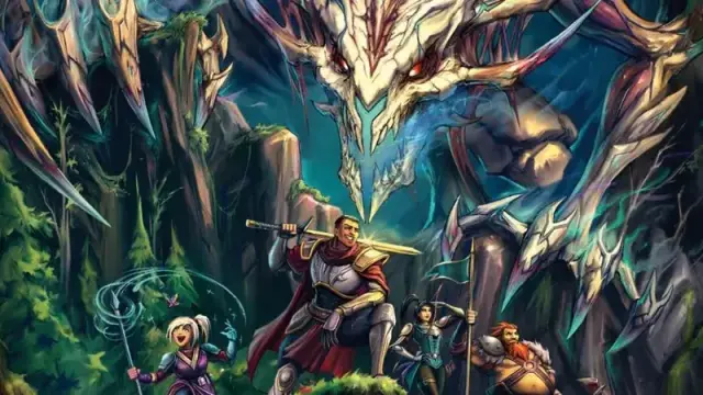 Cover art from "Faster, Purple Worm! Everybody Dies Volume 1," featuring a giant dracolich about to attack a group of adventurers.