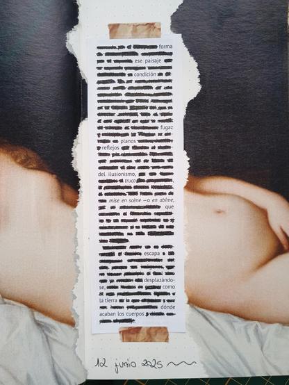 Texto en el algunas palabras están tachadas en negro, dejando leer un poema. Imagen rota de una pintura antigua con una mujer que posa desnuda