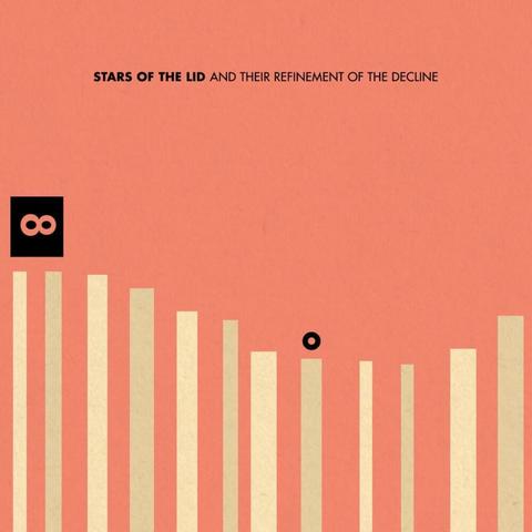 dirty salmon coloured album cover with the artist in bold and album name at the top in all caps (Stars of the Lid - And Their Refinement of the Decline)

Halfway down on the left  is a black box with a number 8 in it that on its side

This hovers above the first two of 12 cream coloured bars of various widths and heights, the first few being the tallest. On the eighth bar is a small black ring shape 

I have no idea what any of this means
