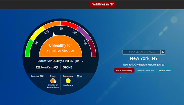 The Air Quality Index meter. Past green or yellow, the arrow is pointing to the orange area, with text reading "Unhealthy for Sensitive Groups". At the top is a red button reading "Wildfires in NY" and the location on the right shows New York, NY.