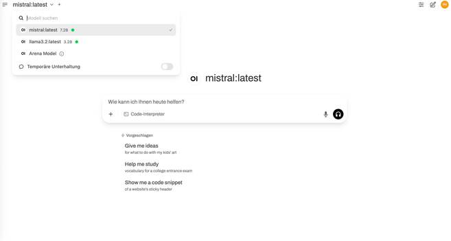 Screenshot Open WebUI für die Steuerung lokal installierter KI-Modelle.