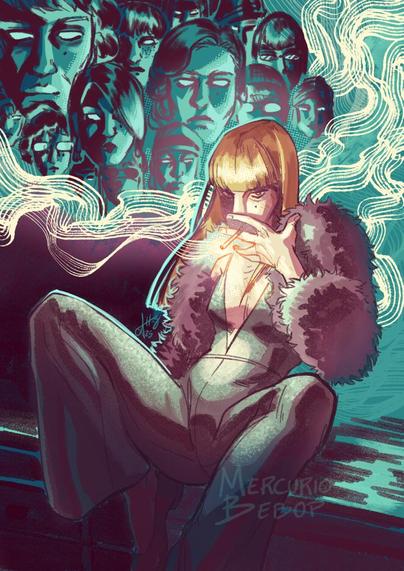 klaasje sitting open-legged on a ledge, smoking and looking wary. Behind her, a number of faces of people with different looks and ages, but with her same cheekbone mole
