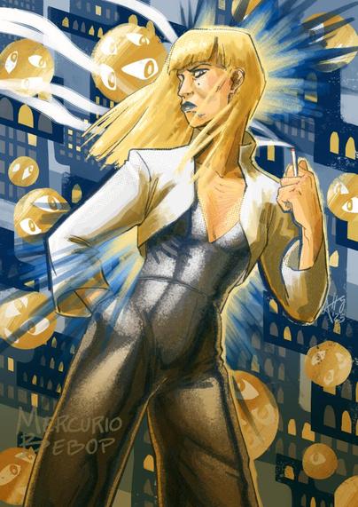 Klaasje in an strong pose, with a hard look in her eyes and surrounded by stylised images of city buildings full of watching eyes
