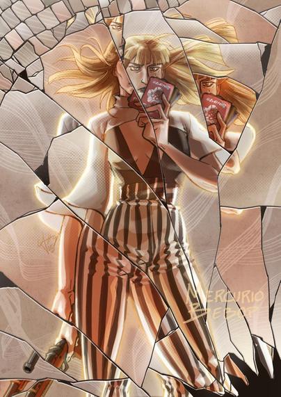 klaasje hiding behind her fake passports, seen through a cracked crystal that breaks her in facets and turns into small disco ball mirrors