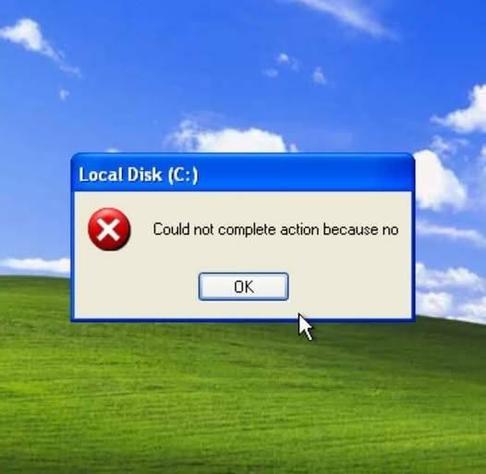 A screenshot of a Windows XP error dialog that reads "Could not complete action because no" with an OK button