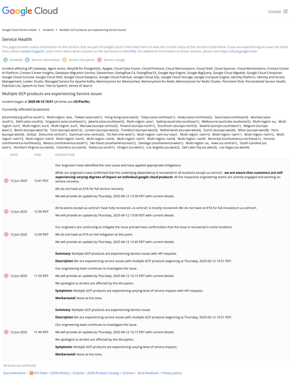 Google Cloud Platform status page indicating multiple services outage