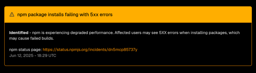 Vercel status page indicating NPM is down
