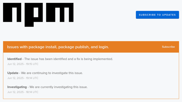 NPM status page indicating an outage