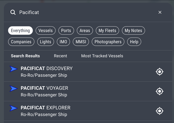 A screenshot shows the three ferries listed in a search from marine traffic.com
