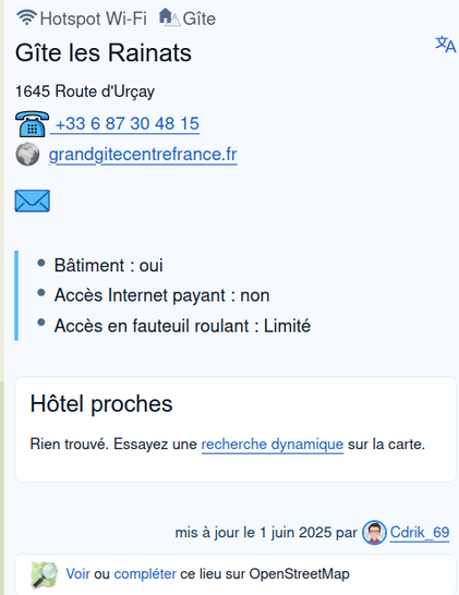 Capture du site Cartes.app sur Gîte Les Rainats.

On lit en bas, Mis à jour le 1 juin 2025 par Cdrik_69