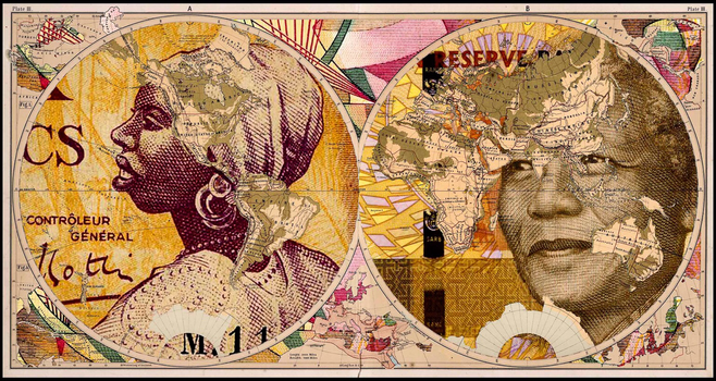 Tableau intitulé « Principal countries if the world », réalisé dans le projet Figures. Il prend la forme d’une planche cartographique sur laquelle est représentée une mappemonde, qui évoque aussi un billet de banque.