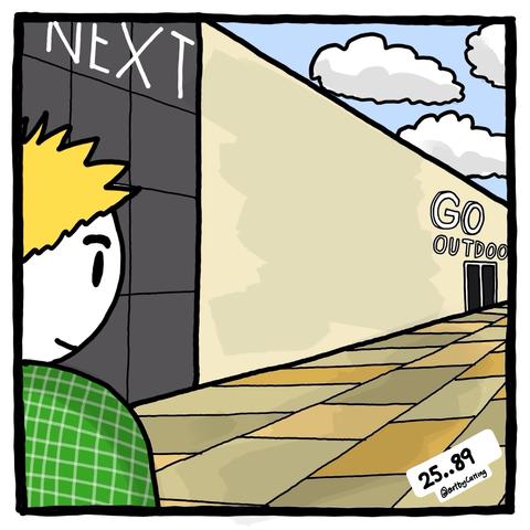 Pictured walking towards a go outdoors store. Under a blue sky and white fluffy clouds.