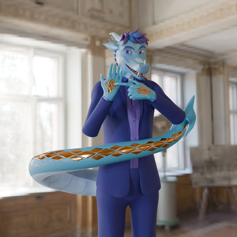 A 3D render of an anthropomorpic dragon, pointing out a pattern of copper-colored scales on his hand