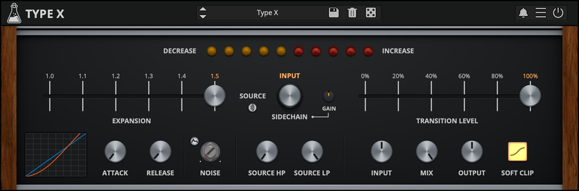 Type X GUI with Expansion and Transition levels, sidechain controls, attack, release, noise, low-pass and hi-pass filters, input, output and mix controls, etc.