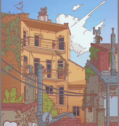 An illustration depicts an urban scene with buildings, wires, and overgrown greenery under a bright sky. A character is visible on the balcony.