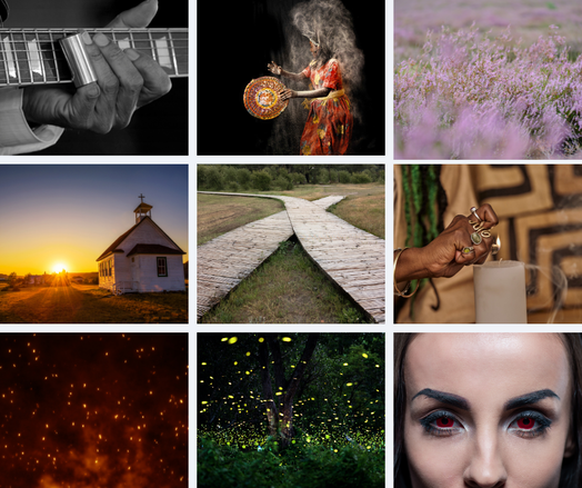 Collage representing concept art for the film: top row has a black man's hand playing a chord on the guitar neck, woman African dancer, fields of Irish heather. Second row has a church, a crossroads, and a woman who practices hoodoo lighting a candle. Third row has sparks of fire in the night sky, fireflies at night, and a woman's vampire face with red eyes.