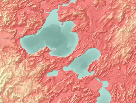 A relief map showing the landforms of Madison, WI. Elevations are showin in a pink-to-pale yellow gradient, and the whole thing has a semi-watercolor effect.
