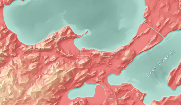 A detail of the downtown part of the map, with a handful of features labeled.