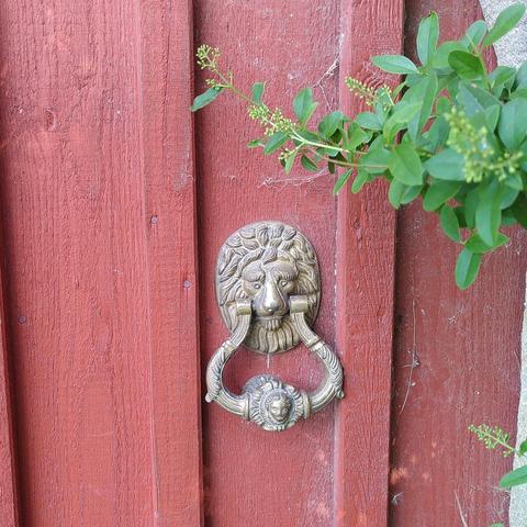 The door knocker is shaped the face of a lion. It has an ornate ring in it's mouth. On the part where you would grab the ring, it's thicker and has a face on it. The face has less details than the lion's face, but it's also framed by a lot of hair so it looks a bit like the lion. it's clearly human though.