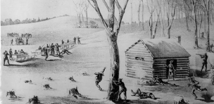 A detailed black and white engraving illustrates the Battle of Duck Lake. Several men are engaged in combat around a small log cabin; some are standing, others are falling or lying prone on the ground. A large tree stands near the cabin. The scene is set against a backdrop of rolling hills and bare trees.