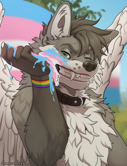 a digital illustration of a winged wolf with grey and white fur, wearing a rainbow flag wristband and a black collar. the wolf has its left eye closed in a wink and its right eye open, revealing a green iris. it has a confident expression and is smearing trans flag-colored face paint (blue, pink, and white) across its cheek with one paw. in the background, a large trans pride flag waves in the sky. the art is signed “ComfortDoggo 2025” in the bottom left corner.