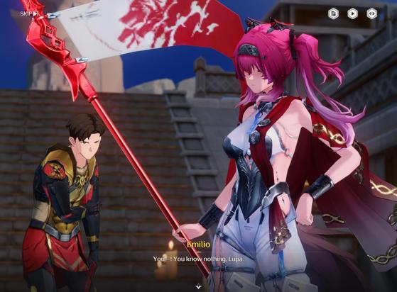A screenshot from Wuthering Waves.
The rendering looks obviously polygonal, and the textures look like mud.
It shows a young woman striking a pose in front of a gladiator.
She has light skin and long pink hair tied in twin tails.
She wears a form fitting white body suit and carries a shiny red spear with a banner showing a graphic for Cerberus the three-headed dog.