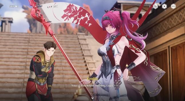 The same as the previous screenshot from Wuthering Waves.
The rendering looks smooth and the textures and lighting effects are brilliant.
It shows a young woman striking a pose in front of a gladiator.
She has light skin and long pink hair tied in twin tails.
She wears a form fitting white body suit and carries a shiny red spear with a banner showing a graphic for Cerberus the three-headed dog.