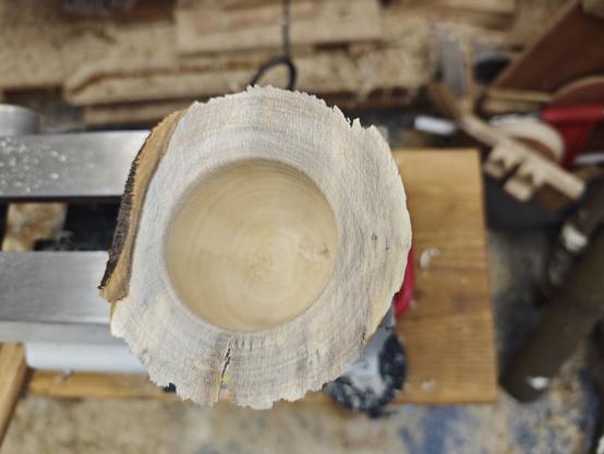 Green wood vessel immediately after turning, all circular and with a big crack at the rip