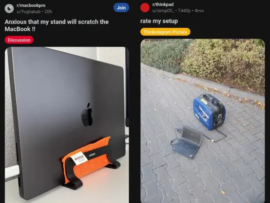 Mac user being paranoid about scratching their computer vs ThinkPad user who has it connected to a car battery on the ground