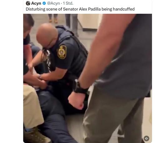 Acyn, disturbing Scene of Senator Alex Padilla being handcuffed .