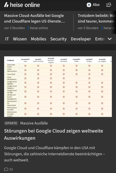Screenshot von heise.de zum Ausfall von Google und Xloudflare