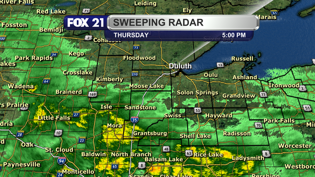 A view of the radar over the southern half of the Northland at 5 p.m. on Thursday, June 12, 2025.  It shows steady rainfall over southern Aitkin, Pine, and most of Burnett counties.  The precipitation is moving to the east/northeast.