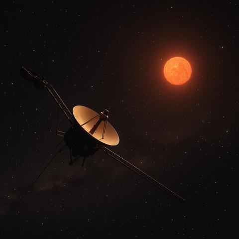 Das Bild zeigt die Raumsonde Voyager 1 in der dunklen Weite des interstellaren Raums, wie sie sich dem roten Zwergstern Gliese 445 nähert – ein Moment, der erst in etwa 40.000 Jahren nach unserer Zeitrechnung stattfindet.
Die Sonde ist im Vordergrund deutlich erkennbar: Ihre goldene Hochgewinnantenne reflektiert das rötliche Licht des Sterns. Gliese 445, im Hintergrund strahlend und von rötlich-oranger Farbe, dominiert den Sternenhimmel, während zahllose ferne Sterne wie feiner Staub die Szene umrahmen.
Das Bild vermittelt Ruhe, Isolation – und zugleich eine tiefe symbolische Hoffnung: Ein stummes Artefakt menschlicher Neugier auf dem Weg durch die Galaxis.

⸻

📷 Image Description (English):

The image depicts Voyager 1 traveling through the dark, silent vastness of interstellar space, as it approaches the red dwarf Gliese 445 – a moment expected to occur roughly 40,000 years from now.
The spacecraft is clearly visible in the foreground, with its golden high-gain antenna reflecting the reddish light of the distant star. Gliese 445 glows brightly in the background with a deep orange-red hue, set against a backdrop of countless faint stars that sprinkle the cosmic void.
The scene conveys solitude and serenity – yet also symbolic hope: a silent artifact of human curiosity adrift in the galaxy.🖖