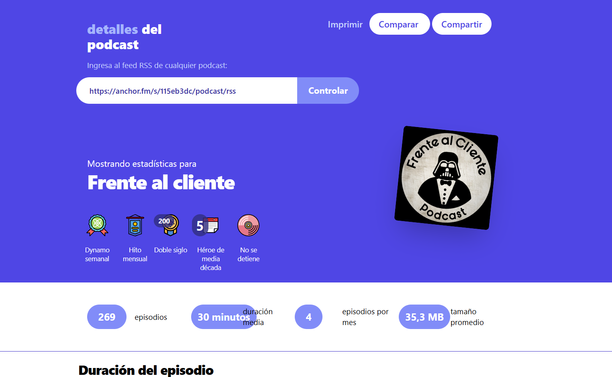 Imagen de la web de podccastdetails con la información del podcast FrenteAlCliente