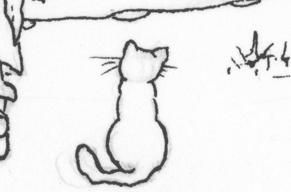 a black and white scan of the drawn outline of a cat sitting upright, looking away from the viewer