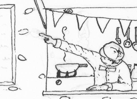 a black and white scan of a drawing of a man pointing at a sign to his side, leaning out of a window under an awning, with some bunting across the top, behind his head. he is wearing a newsboy or baker's cap and a shirt