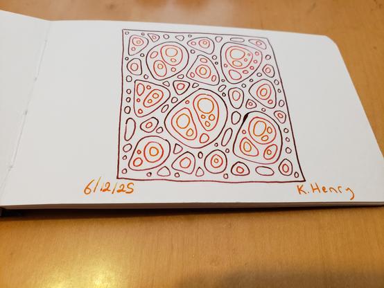 Hand drawn genertive/procedural art in ink on an open page of my sketchbook. The abstract pattern has squishy circle shapes nested with in each other and bounded by a square.
