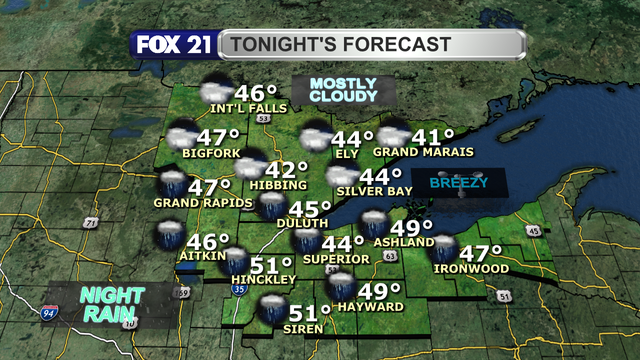Rain will be likely along and south of Highway 2 in the Northland Thursday night, with mostly cloudy skies elsewhere.  Winds will remain breezy as low temperatures will cool to the 40s.