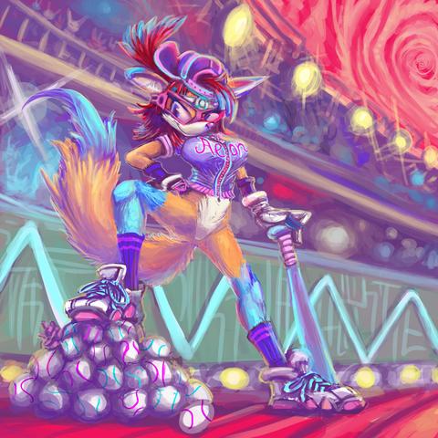 anthropomorphic fox person with bluish colored legs and garish glowing pink athletic garb and pink goggles stands with one leg on a pile of blue and pink detailed base balls, inside a stadium sort of environment