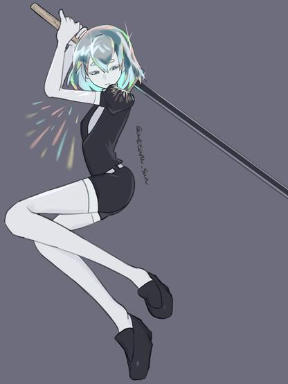 A gem-made character who has colourful glowing hair, is wearing white shirt, and black suit with shirt pants, a white belt, and black necktie, white knee-high socks, white long gloves, and loafer shoes, and is having a long sword made of wood and obsidian using both of their hands. They are Diamond from Houseki no Kuni as known as Land of The Lustrous. They are looking down at the right of the drawing. There are red, blue, and yellow reflected lights from their hair in the dark-coloured background and their right shoulder. The artist's sign is written in the middle of the drawing, in the back of the character.