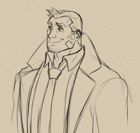 A digital bust sketch of the character Dick Gumshoe from the Ace Attorney series of games. It's a 3/4 view; he's looking off to the left with a grin on his face. He's a man in his 30s with a very large build (very wide, square shoulders, huge broad chest), thick neck, and squared jaw, with a light beard on his chin. His hair is cut short. He has a bandage on his jaw and a pencil behind his right ear. He wears a large trenchcoat with the collar turned up and a tie. The very picture of a mid-century detective.